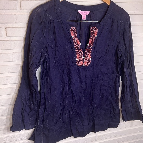 Lilly Pulitzer Navy Blue Semi Sheer Cotton Seashell Top, Women’s Size Medium - Picture 2 of 9